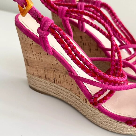 PRADA Strappy Suede Slingback Cork Wedge Sandals in Fuchsia Red Size 38.5 US 8.5 - Picture 9 of 10